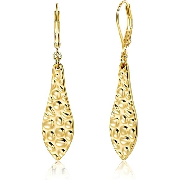 925 Sterling 14k Gold Plated Long Teardrop Leaf Dangle Earrings for Women - Picture 1 of 5